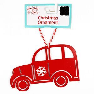 Red Flat Metal Car Christmas Tree Ornament Snowflake Cutout Vintage Inspired NEW